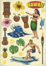 Hand drawing hawaii concept retro set