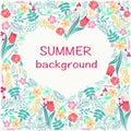 Flowers frame with colorful floral heart summer time theme. Royalty Free Stock Photo