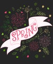 Vector hand drawing lettering quote - spring is coming - on ribbon with curly, swirly, paw print, bird and feather shapes