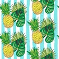 Seamless pattern color pineapple and tropical leaves on blue strips