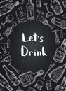 Vector hand drawn alcohol drink bottles and glasses background on black chalkboard illustration