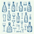 Vector hand drawn alcohol drink bottles and glasses set of on cell sheet illustration