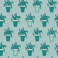 Vector Hand Drawn Aloe Pots in Pastel Green seamless pattern background.