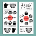 Vector hand drawn asian menu illustration.Hand sketched sushi set.Japanese food,tableware design for restaurant,cafe etc Royalty Free Stock Photo