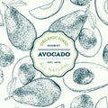 Vector hand drawn avocado seamless pattern. Whole , sliced pieces, half, leaf and seed sketch. Tropical summer fruit Royalty Free Stock Photo