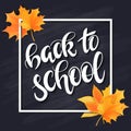 Vector hand drawn back to school lettering with frame, realistic maple leafs and greetings label on blackboard