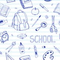 Vector hand drawn back to school seamless pattern. School equipment doodles on ruled paper. Royalty Free Stock Photo