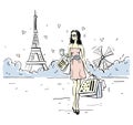 Vector hand-drawn background of a girl in Paris on the background of the Eiffel tower. Shopping in Paris. Tourism. Isolated