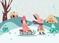 Background with a rabbit carries girl on sledge