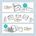 Vector hand drawn banners. Cheese collection. Vector hand drawn illustration of cheese types