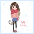 Vector hand drawn beautiful cute girl. Autumn winter season.