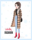 Vector hand drawn beautiful young woman. Autumn winter season.