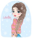 Vector hand drawn beautiful young woman. Autumn winter season.