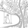 Vector hand drawn black and white illustration with decorative psychedelic tree with branch, leaves, flowers, dots and cat.