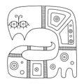 Vector hand drawn black and white illustration of isolated psuchedelic cat with decorative elements, geometrical symbols. Line dr