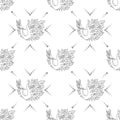 Vector hand drawn black and white seamless pattern, illustration of birds with decorative elements, branch, leaves, flowers, dots Royalty Free Stock Photo