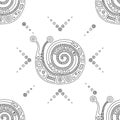 Vector hand drawn black and white seamless pattern, illustration of snail with decorative geometrical elements, lines, dots. Line Royalty Free Stock Photo