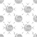 Vector hand drawn black and white seamless pattern, illustration of snail with decorative geometrical elements, lines, dots. Line Royalty Free Stock Photo