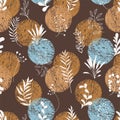 Vector hand drawn boho organic seamless pattern. Artistic botanical retro repeat background. Dark brown color backdrop Royalty Free Stock Photo