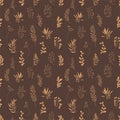 Vector hand drawn boho organic seamless pattern. Artistic botanical retro repeat background. Dark brown color backdrop Royalty Free Stock Photo