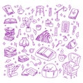 Vector hand drawn book lovers club doodles set. Piles of books, open and closed, booklist, feather, armchair, cup, home