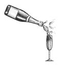 Hand drawn bottle of champagne poring in the glass Royalty Free Stock Photo