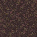 Vector hand drawn brown seamless pattern with autumn foliage, berries, acorns, oak and maple leaves and gold elements.