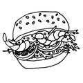 Vector hand drawn burgers and snacks objects, drawn fast food elements, sandwiches, street food, burger with srimps