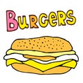 Vector hand drawn burgers and snacks objects, drawn fast food elements, street food, lettering burger, cheeseburger