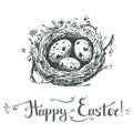 Vector hand drawn card. Happy easter. Cute sketchy nest with qua