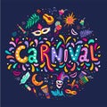 Vector Hand drawn Carnaval Lettering. Carnival Title With Colorful Party Elements, confetti and brasil samba dansing