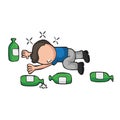 Vector hand-drawn cartoon of drunk man lying on floor with empty Royalty Free Stock Photo