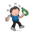 Vector hand-drawn cartoon of drunk man walking holding bottle of Royalty Free Stock Photo