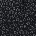Vector hand drawn cartoon halloween seamless pattern. Collection of white outline pumpkins isolated on black background. Design Royalty Free Stock Photo