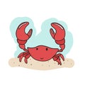 Vector hand drawn cartoon illustration of a cute smiling happy crab character, lifting up claws, isolated on white Royalty Free Stock Photo