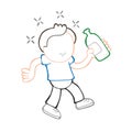 Vector hand-drawn cartoon of drunk man walking holding bottle of Royalty Free Stock Photo