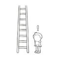 Vector hand-drawn cartoon of man looking wooden ladder with excl