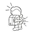 Vector hand-drawn cartoon of man walking carrying heavy box and Royalty Free Stock Photo