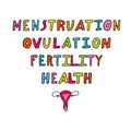 Vector hand drawn cartoon illustration of woman health. Text menstruation, ovulation, fertility and health. Feminine healthcare Royalty Free Stock Photo