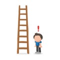 Vector hand-drawn cartoon of man looking wooden ladder with excl