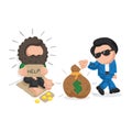 Vector hand-drawn cartoon of rich man giving money bag to homeless