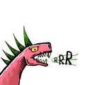 Vector hand drawn cartoon roaring dino head isolated on white background. Pink Dino punk rock star character with green