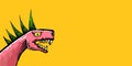 Vector hand drawn cartoon roaring dinosaur isolated on orange horizontal background. Pink Dino punk rock star character