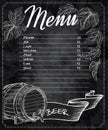 Vector hand drawn chalkboard beer menu with cones and leaves of hop and beer barrel