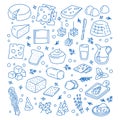 Vector hand drawn cheese and dairy doodles set. Different types of cottage, gouda, chechil, chedder, mascarpone Royalty Free Stock Photo