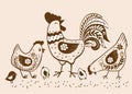 Vector hand drawn chicken family in retro style. Ornate doodle of domestic birds