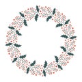 Vector hand drawn Christmas wreath isolated on white background. Decorative doodle mistletoe, round frame. Holly leaves Royalty Free Stock Photo