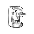 Vector hand drawn coffee machine and capsules Illustration. Detailed retro style image of coffee beans grinder. Old vintage Royalty Free Stock Photo