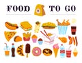 Vector hand drawn collection of fast food to go - coffee, hot dog, sandwich, burger, wok, chicken, fries etc. isolated on white ba Royalty Free Stock Photo