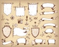 Vector hand drawn collection of heraldic templates: shield, flag